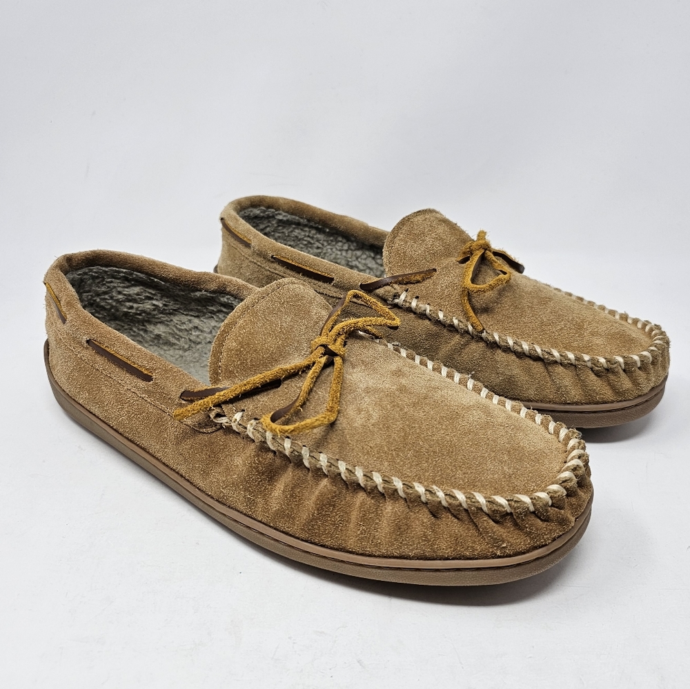 Minnetonka Suede Moccasin Slippers Faux Fur Lined Hard Sole Tan Mens Size 13